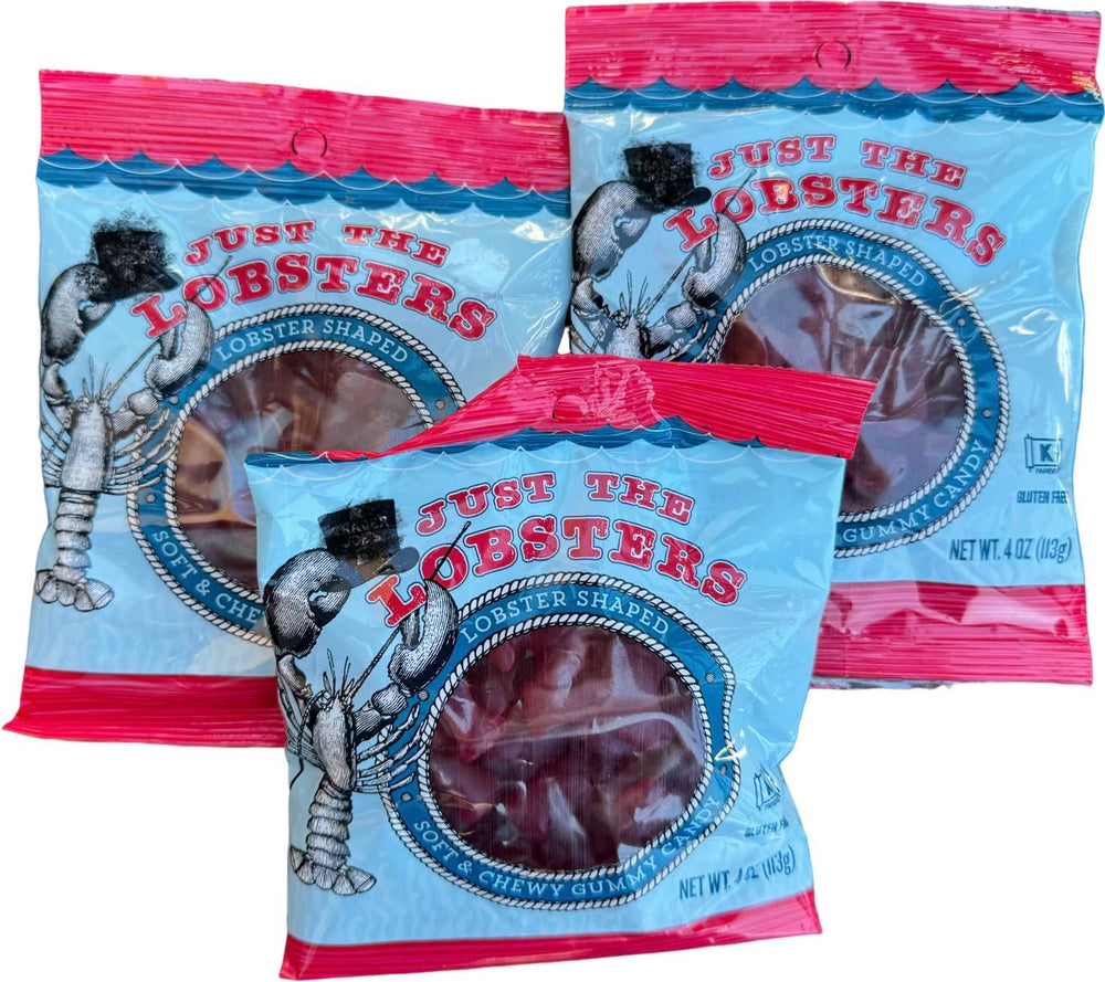 Just The Lobsters front packaging showing three 4 oz bags and gluten free label benefit