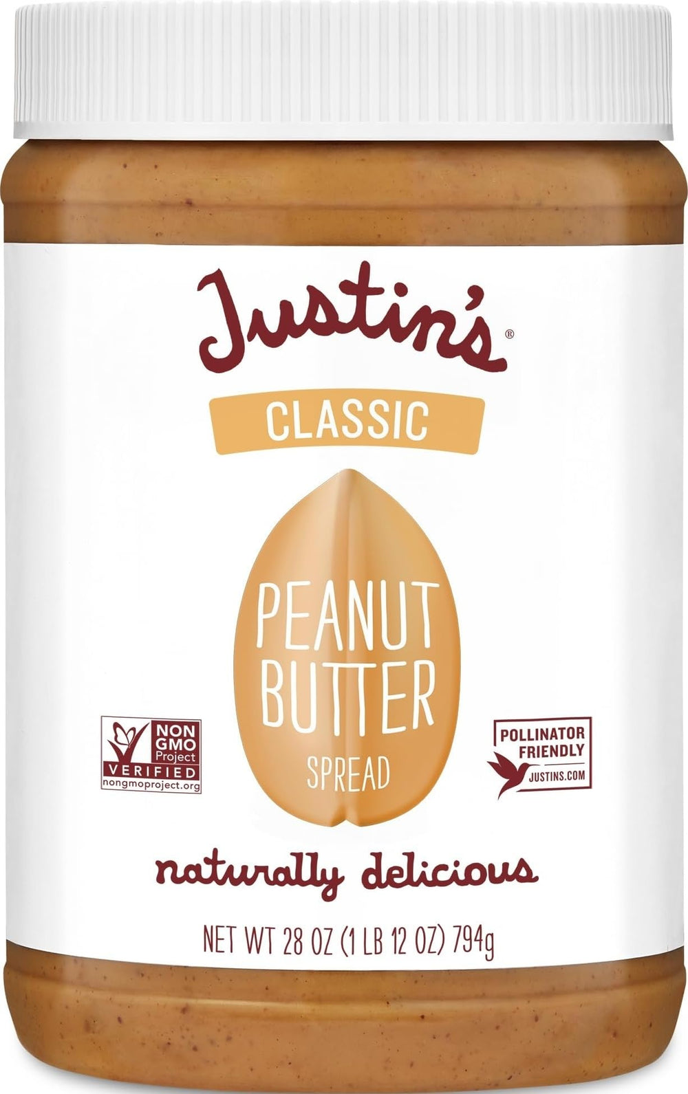 Justin's Classic Peanut Butter front jar showing label and size, easy pantry refill benefit