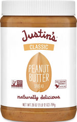 Justin's Classic Peanut Butter front jar showing label and size, easy pantry refill benefit