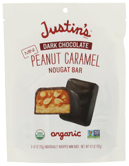 JUSTINS front packaging showing dark chocolate peanut caramel bars, convenient portable snack