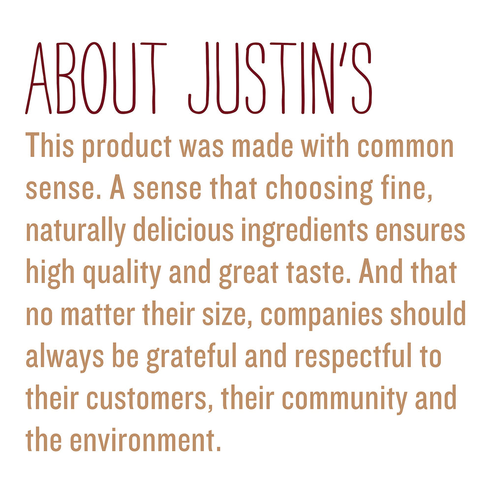 Six Justin's 28oz jars stacked in pantry to show bulk supply and value per pack