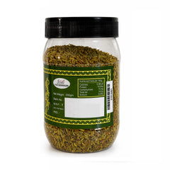 Jyoti Ben's open 200g jar displaying fresh roasted fennel and dhana daal