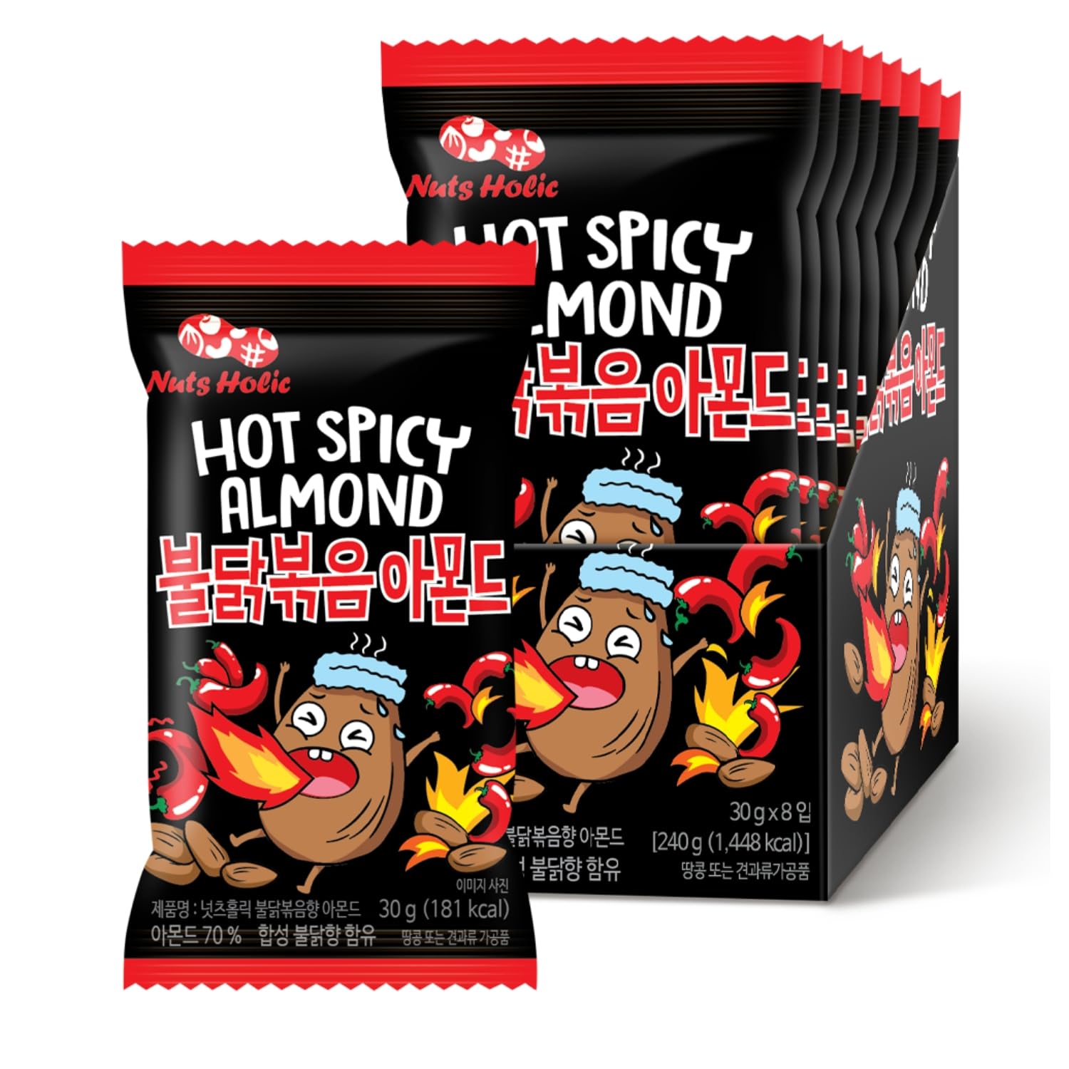 K FOOD KOREAN FOOD front packaging showing bold spicy almonds and convenience