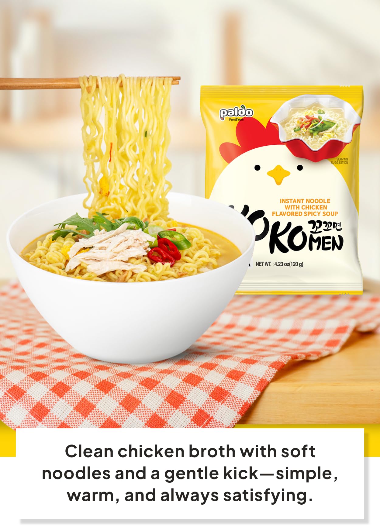 K FOOD Paldo KOKOMEN close-up of springy noodles showing chewy texture