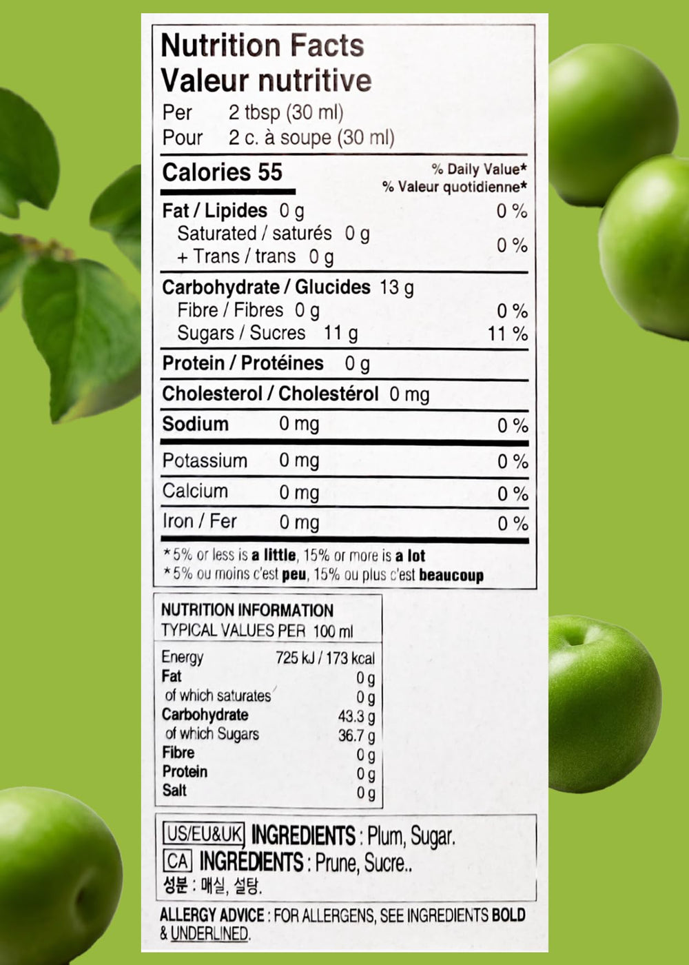 K FOOD KOREAN FOOD bottle beside fresh plums showing bottle size and portioning