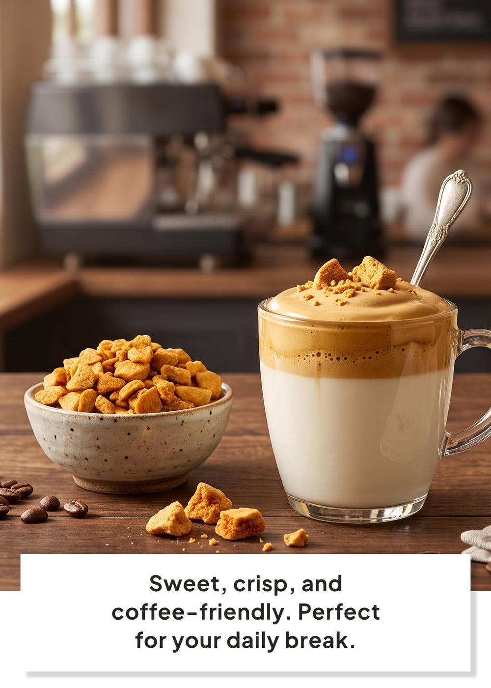 K FOOD KOREAN FOOD sprinkled over iced latte adding crisp texture and visual interest