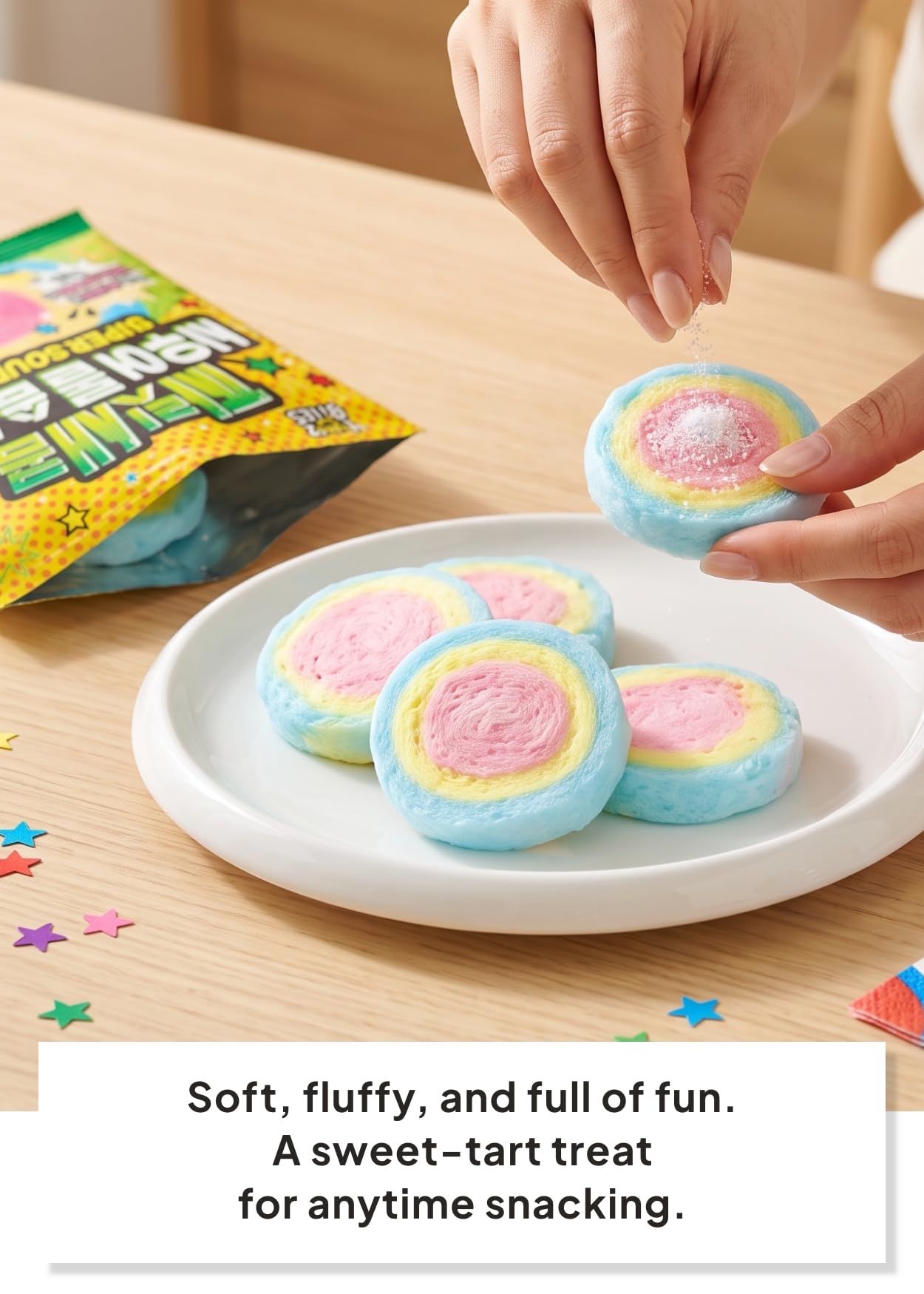 K FOOD KOREAN FOOD texture close-up revealing chewy pressed cotton candy surface