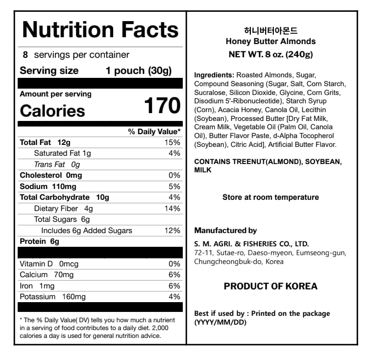 K FOOD KOREAN FOOD single pouch open with almonds visible, portable snacking benefit