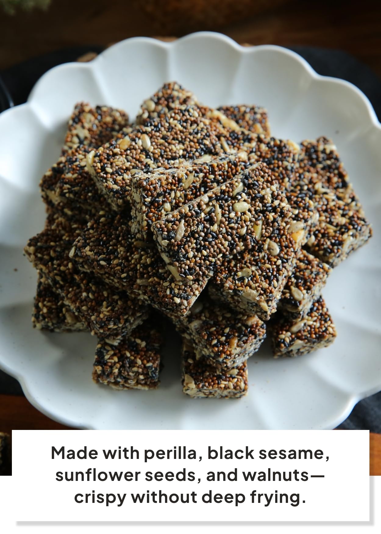 K FOOD KOREAN FOOD ingredients laydown with perilla, black sesame and walnuts for transparency