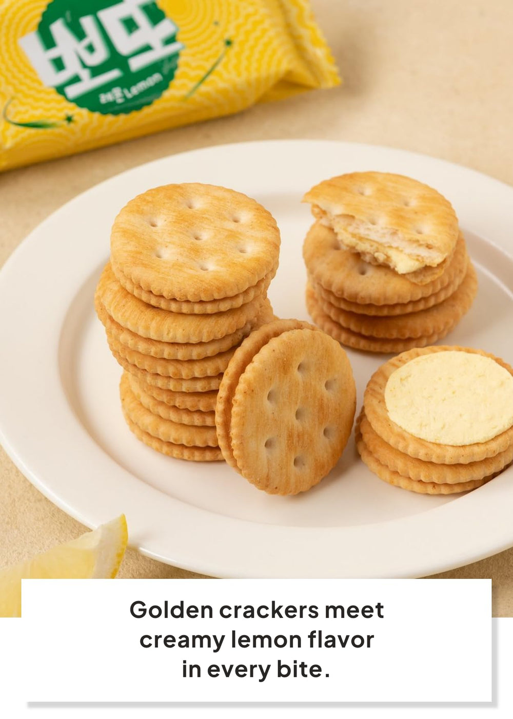 K FOOD cream-filled cookie center highlighting creamy lemon flavor benefit