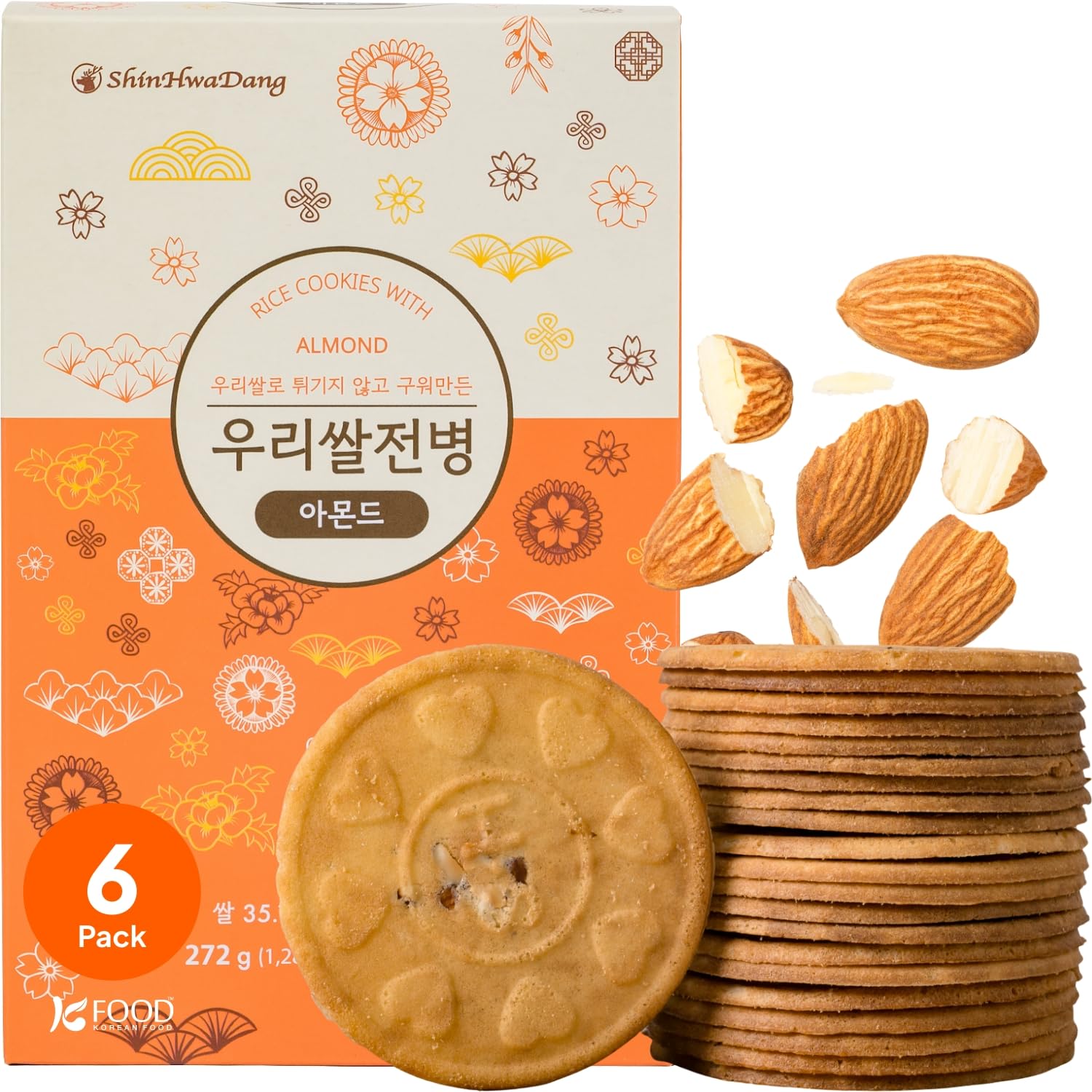 K FOOD Shinwhadang front packaging showing six-pack and almond flavor benefit fresh sealing