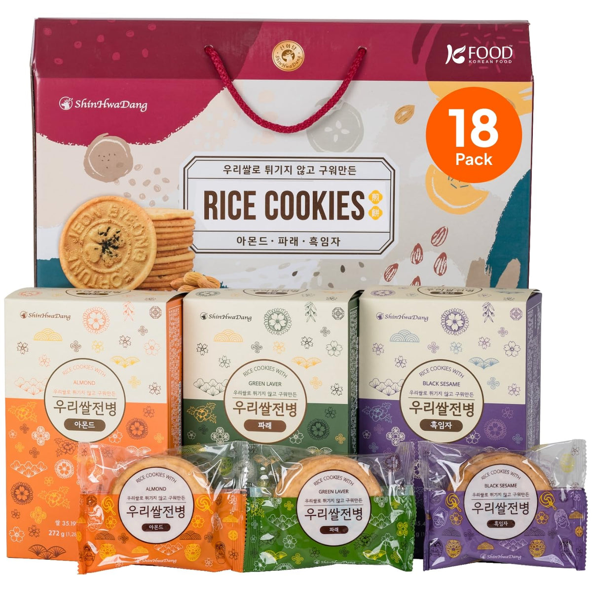 K FOOD KOREAN FOOD gift box front view showing 18-pack and flavor labels