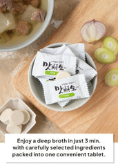 K FOOD tablet dissolving into hot water to make a clear vegetable broth, quick-preparation benefit