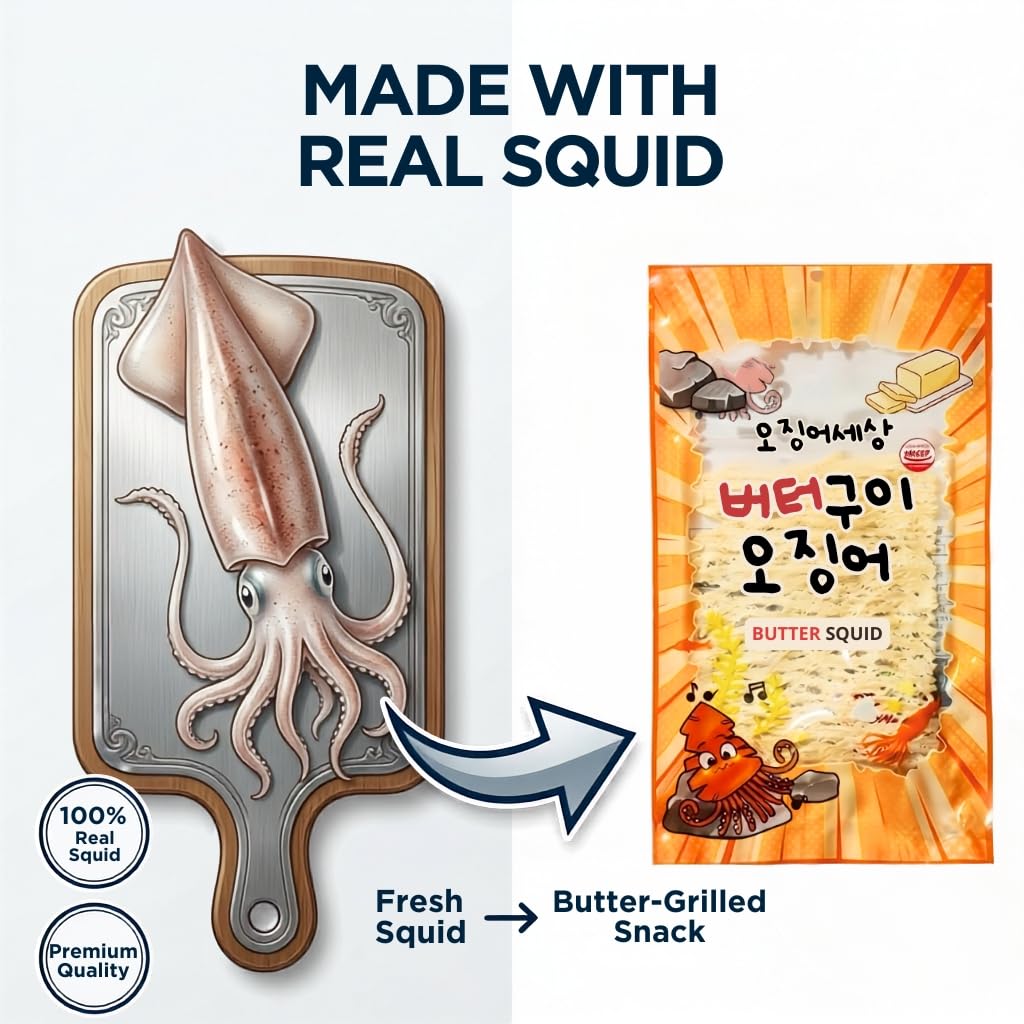 K-Herb open pouch displaying soft squid strips, ready-to-eat convenience