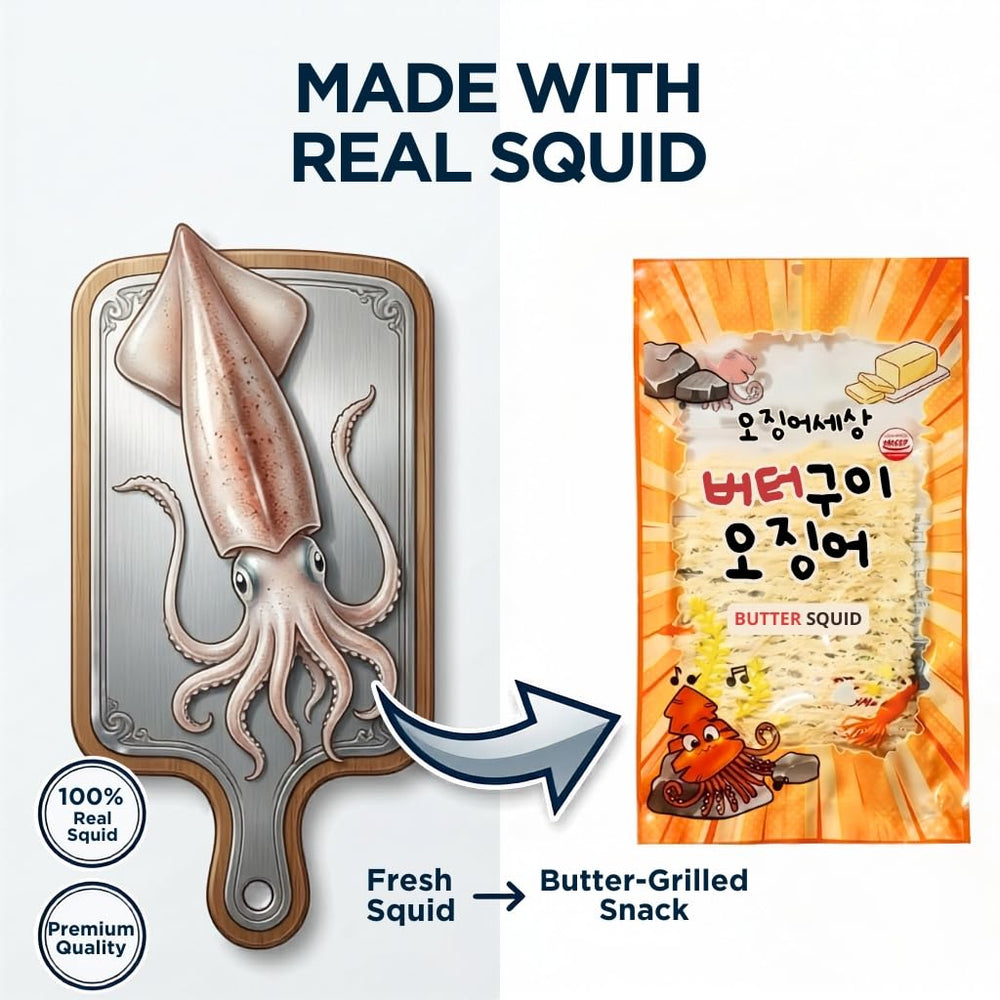 K-Herb open pouch displaying soft squid strips, ready-to-eat convenience