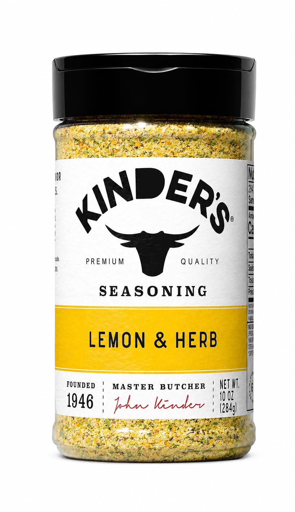 EH95 LLC K Lemon & Herb seasoning front label showing bottle and ingredients benefit: bright citrus herb flavor