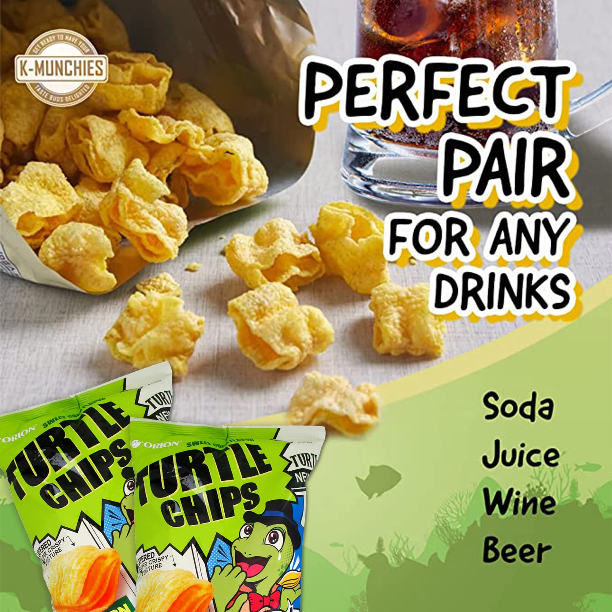 K-Munchies hand holding a turtle chip demonstrating bite-size shape and on-the-go convenience