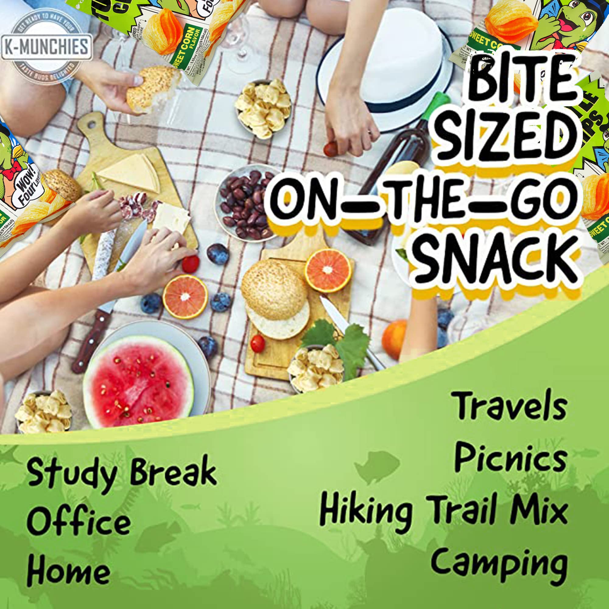 K-Munchies chips on a party spread with dips illustrating sharing and entertaining use