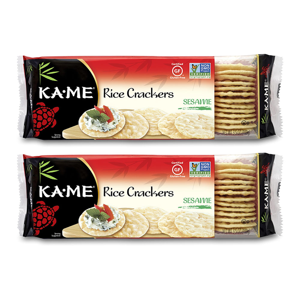 KA-ME front packaging showing sesame rice crackers and branding benefit of clear labeling