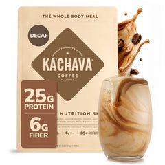 Ka'Chava tub front view showing coffee flavor and serving info for convenient nutrition