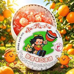 KachiKachi orange tin open showing sour-coated candies, fresh snack portability