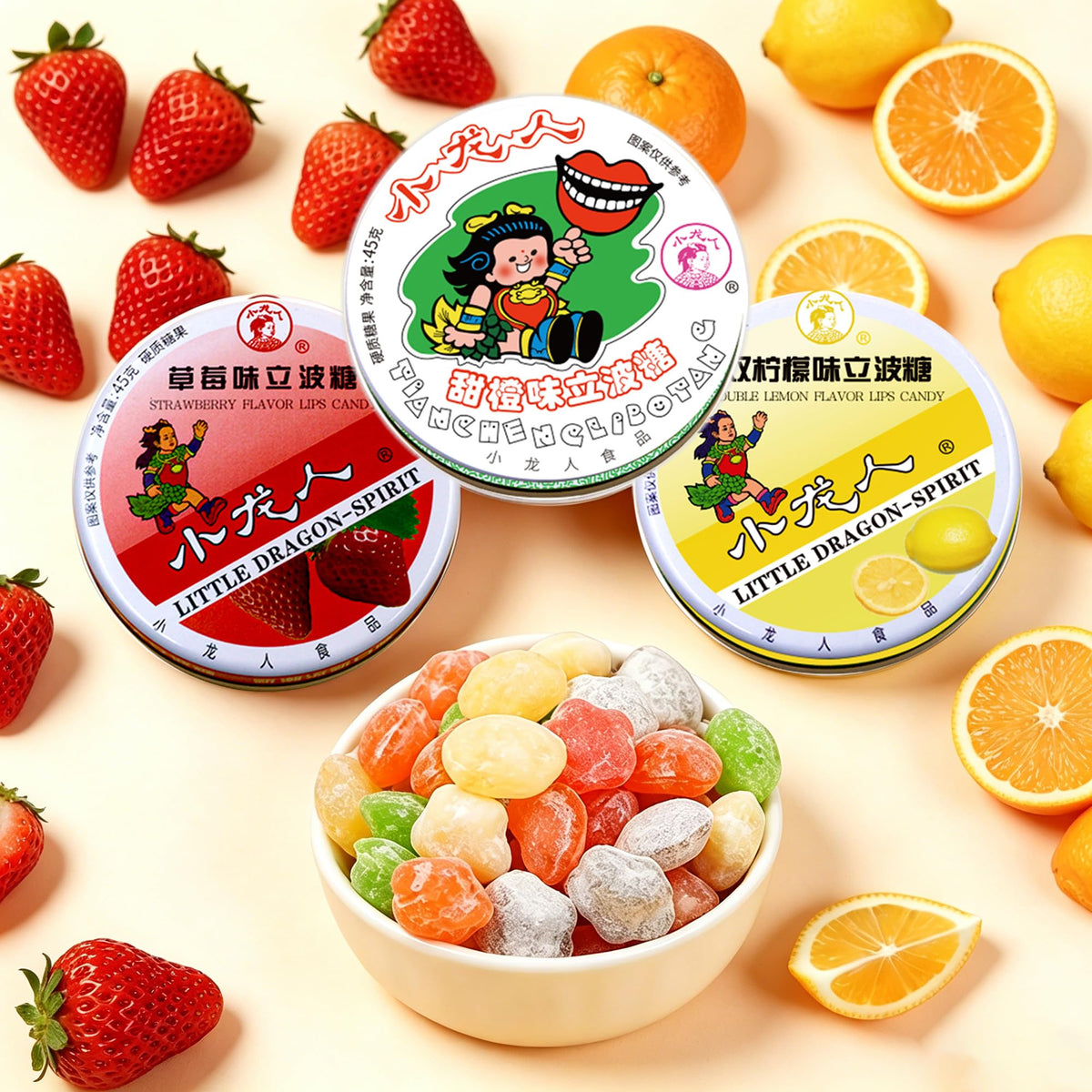 KachiKachi strawberry tin front view, compact tin for easy carrying
