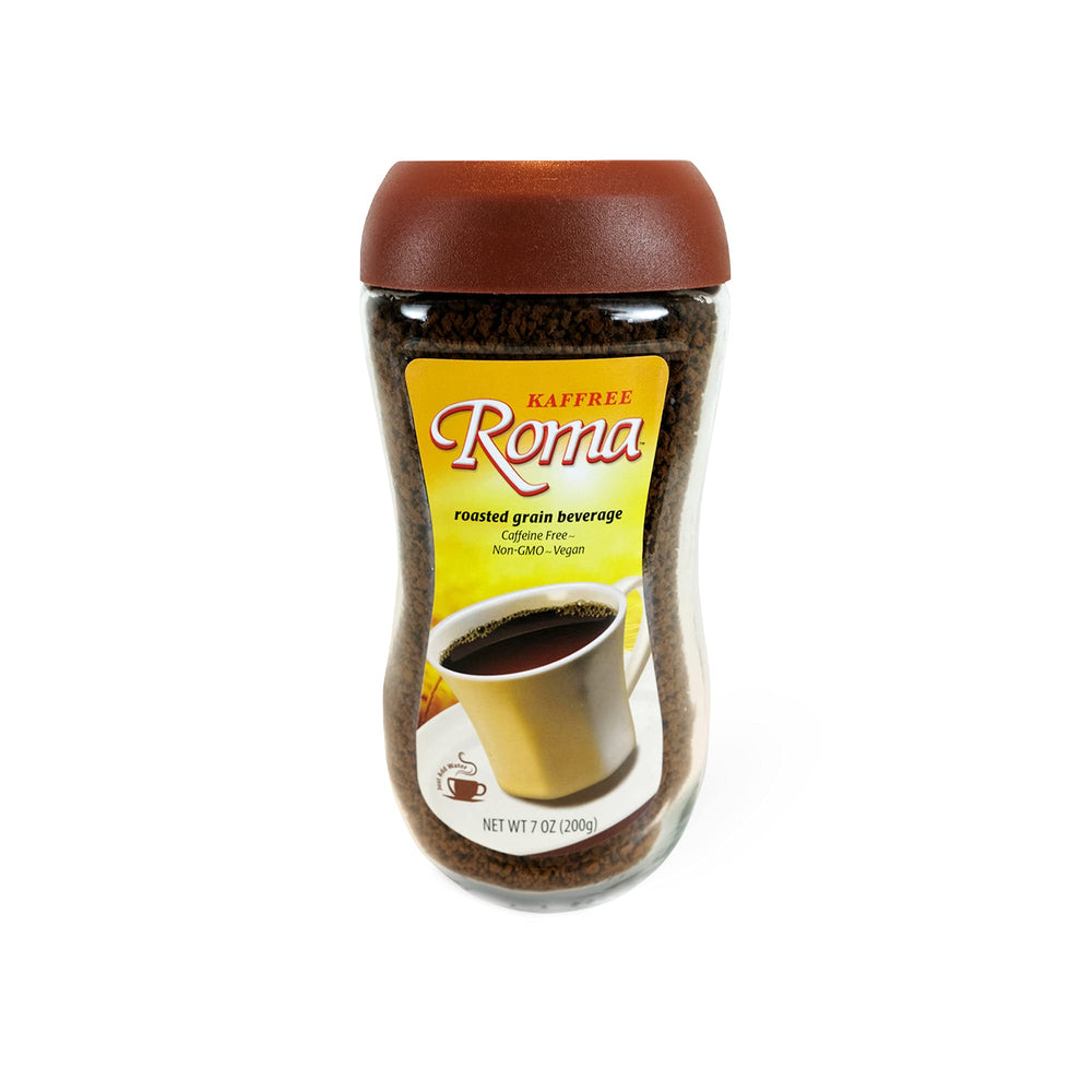 Kaffree Roma front jar showing label and non-GMO benefit