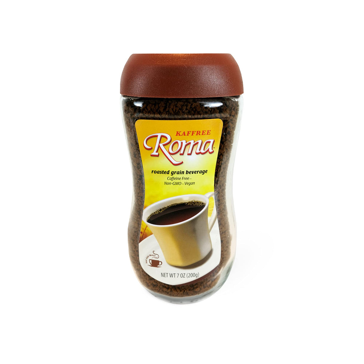 Kaffree Roma front jar showing label and non-GMO benefit