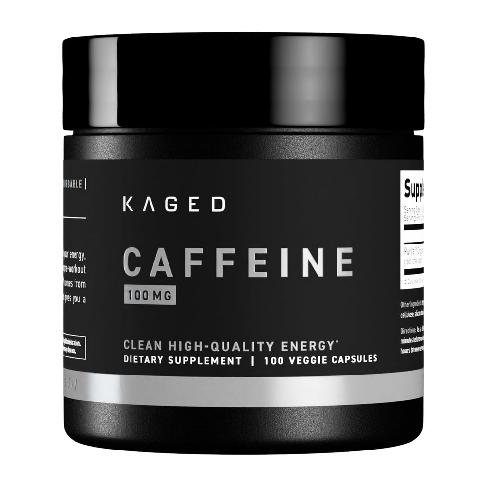 Kaged bottle front view showing clean labeling and 100 mg PurCaf benefit