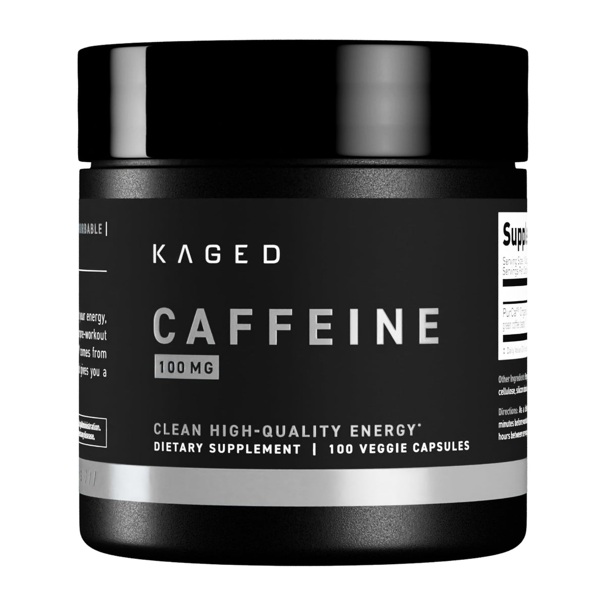 Kaged bottle front view showing clean labeling and 100 mg PurCaf benefit
