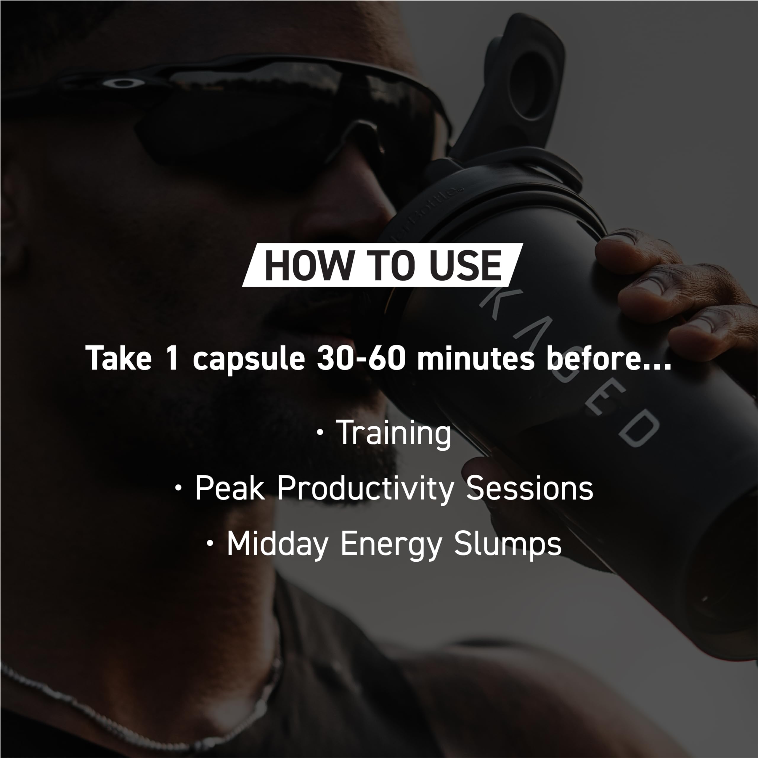 Supplement facts panel on Kaged bottle showing clear dosing and tested assurance benefit
