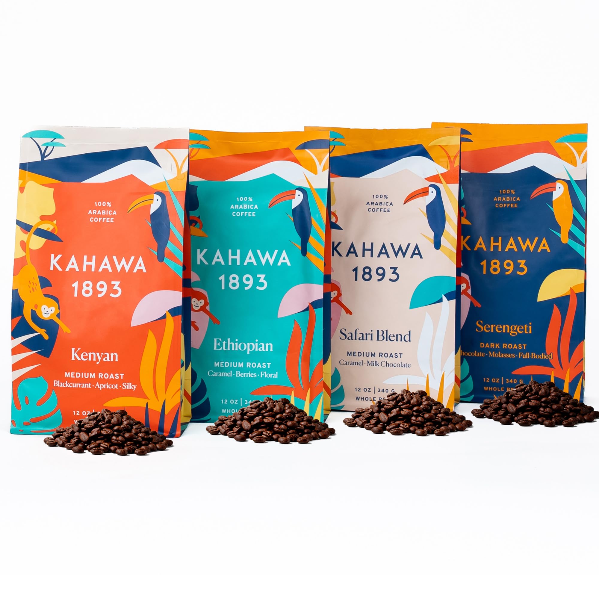 KAHAWA 1893 front packaging showing four 12oz bags and brand benefits