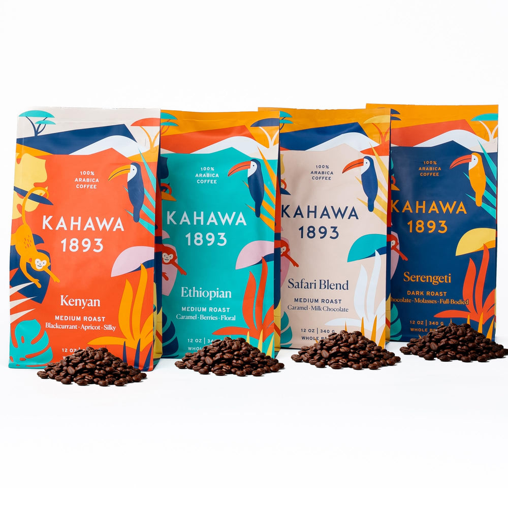 KAHAWA 1893 front packaging showing four 12oz bags and brand benefits