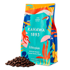KAHAWA 1893 front packaging showing 12 oz bag and origin benefit