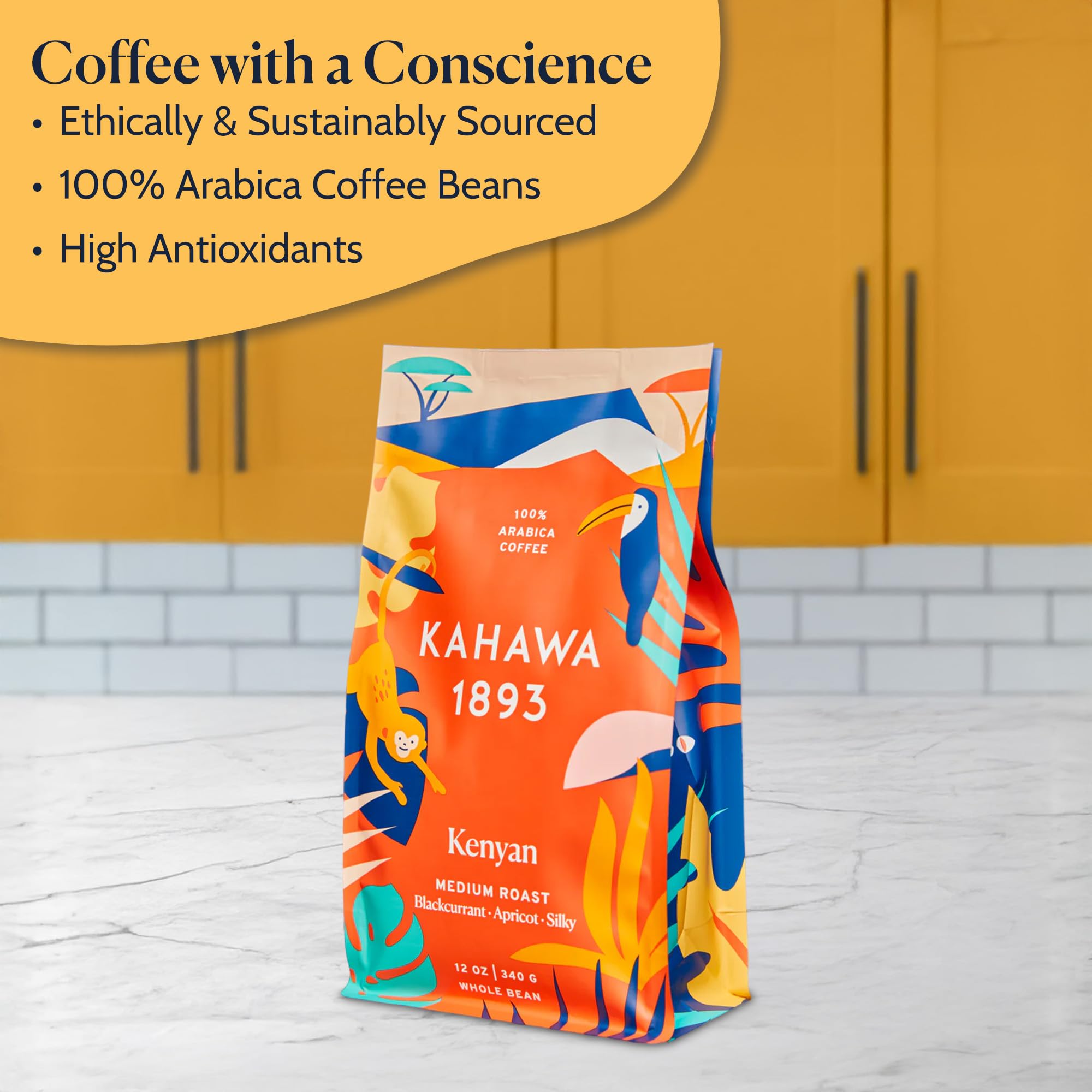 KAHAWA 1893 coffee scoop beside bag showing 12 oz scale and portioning