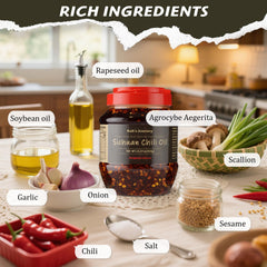 Kah's Journey open jar with spoon scooping chili oil, convenient and versatile