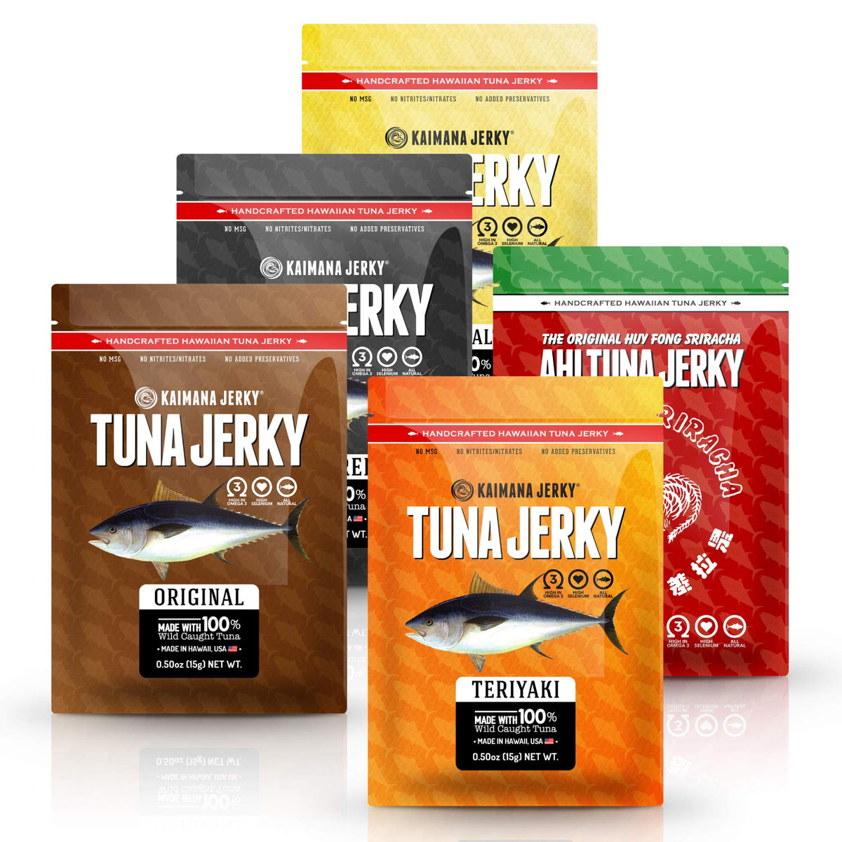 Kaimana front packaging showing five-flavor sampler and convenience benefits