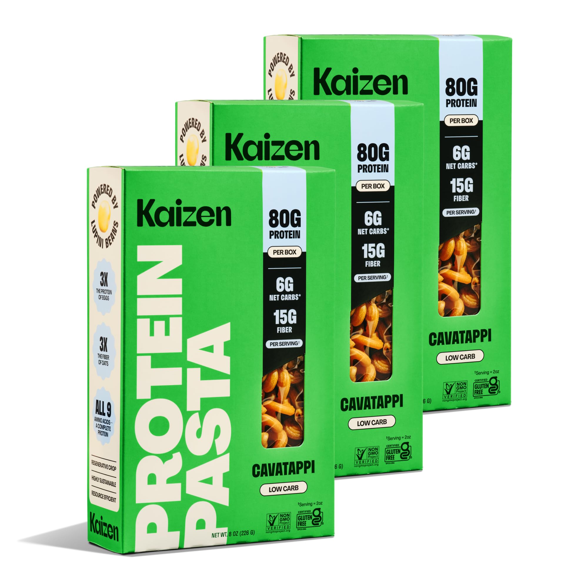 Kaizen Food Company front packaging showing cavatappi and product name, clear benefit visible