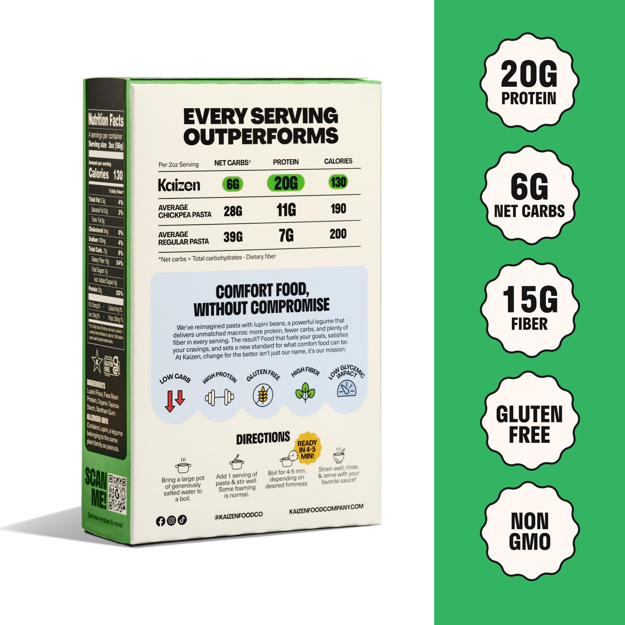 Kaizen Food Company fusilli beside measuring scale displaying serving size
