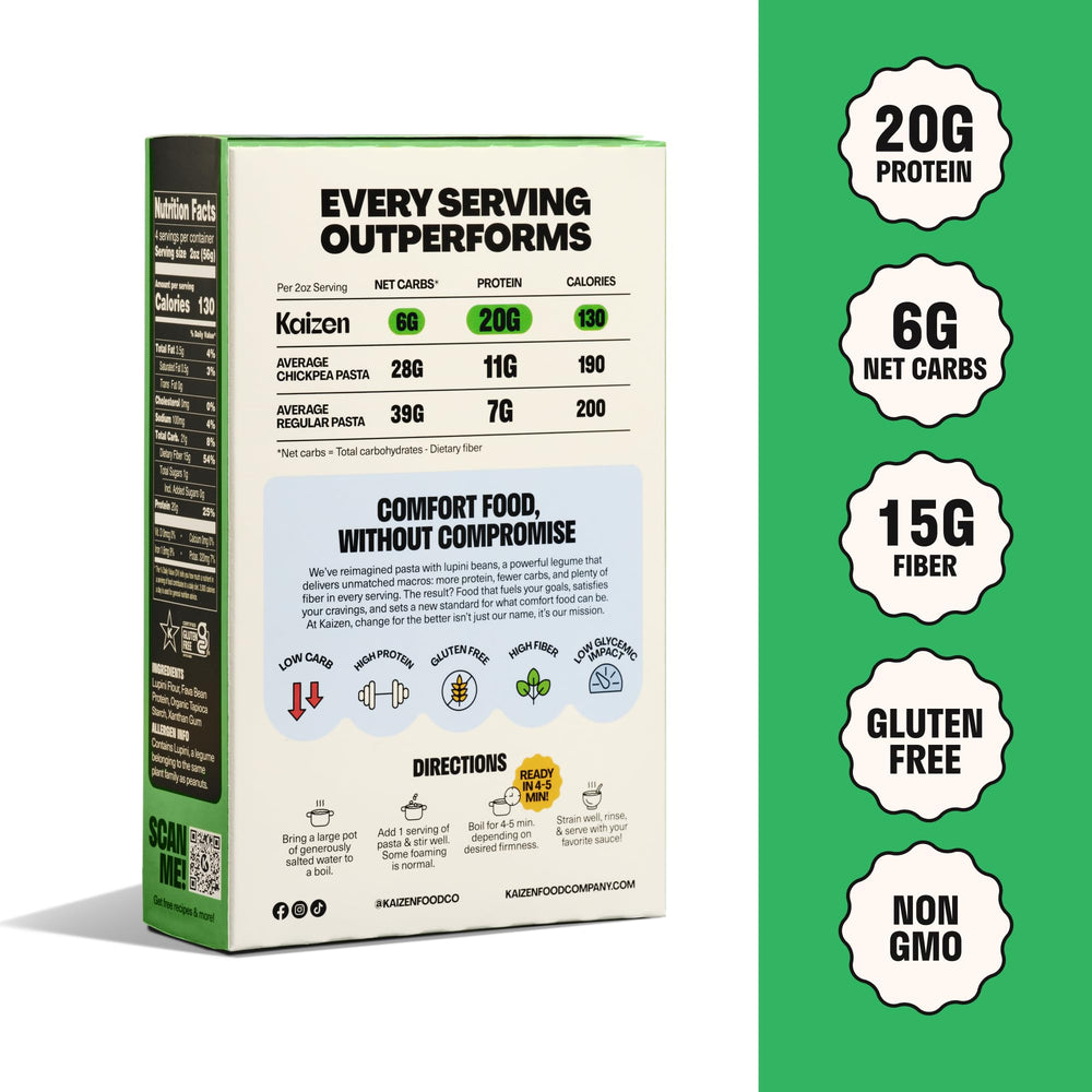 Kaizen pasta next to measuring cup showing serving size convenience