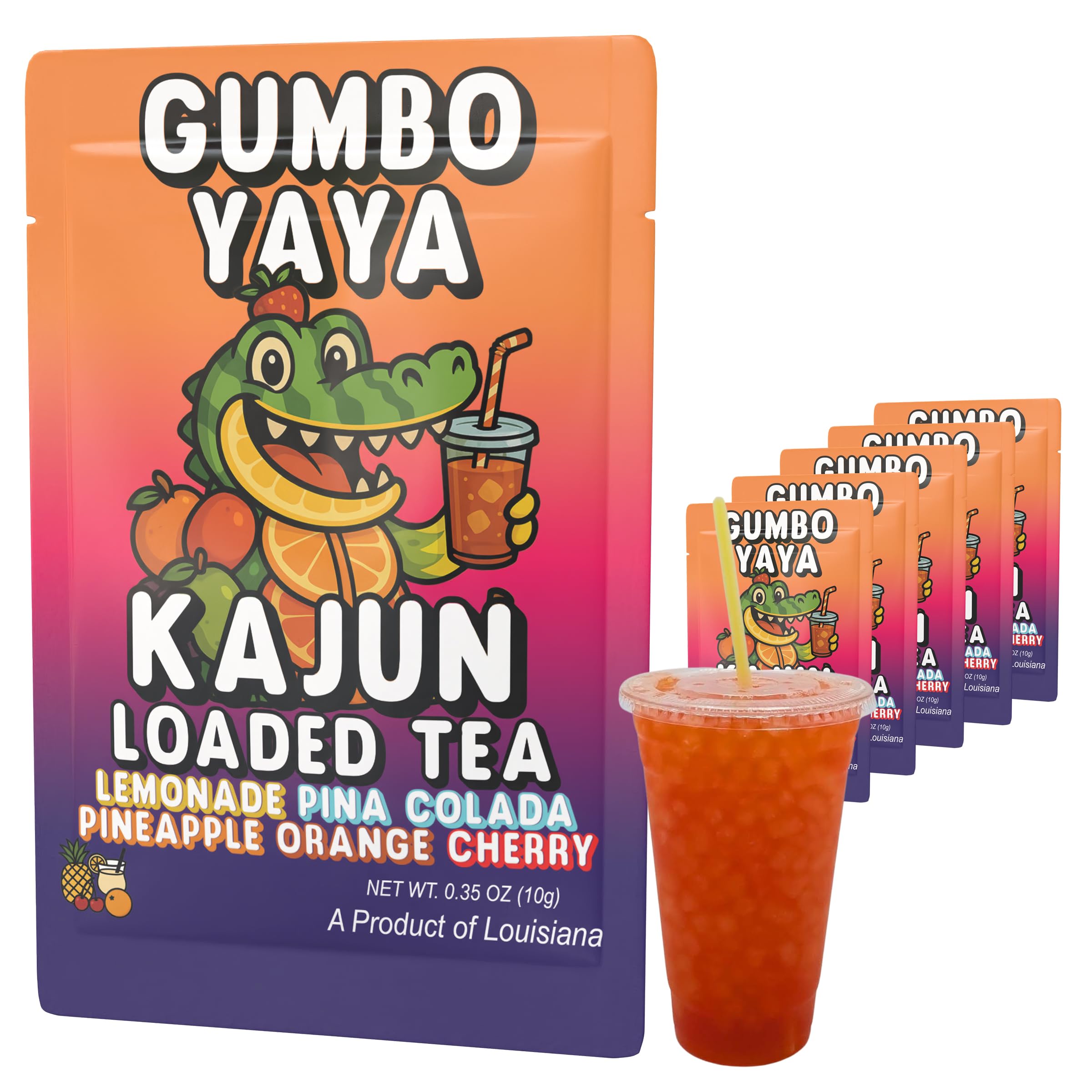 KaJun LOADED TEA front pouch showing vibrant Gumbo Yaya flavors and convenient packets