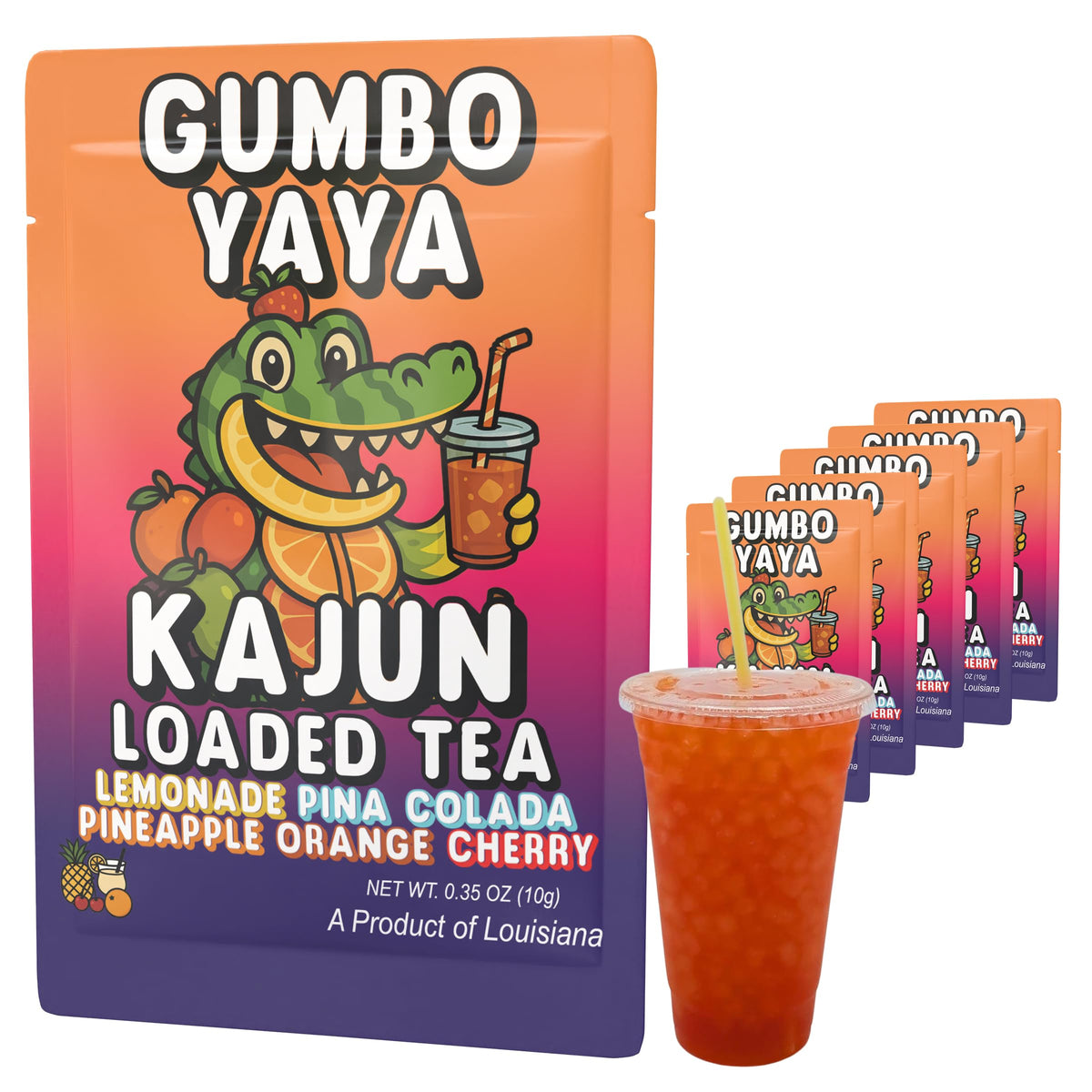 KaJun LOADED TEA front pouch showing vibrant Gumbo Yaya flavors and convenient packets