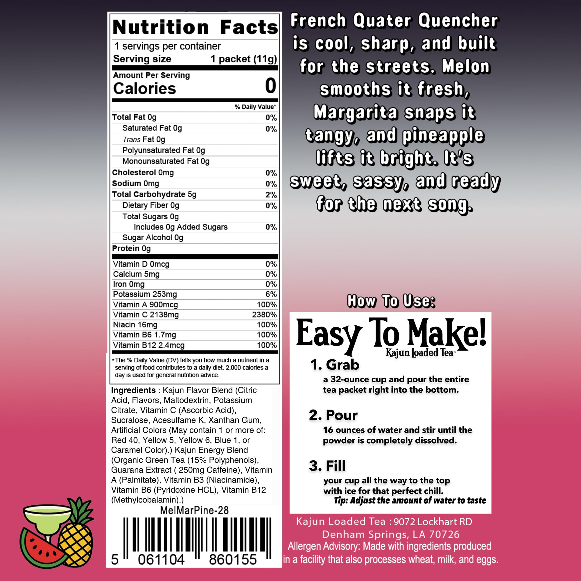 KaJun LOADED TEA ingredient label focusing on vitamins and sugar-free benefit