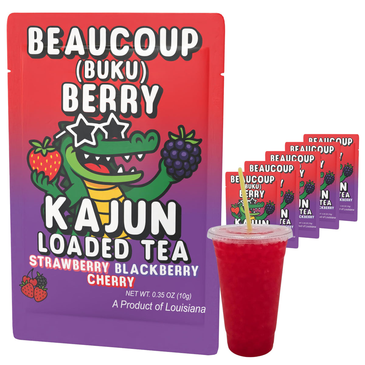 KaJun LOADED TEA front packet showing Beaucoup Berry flavor and energy benefit
