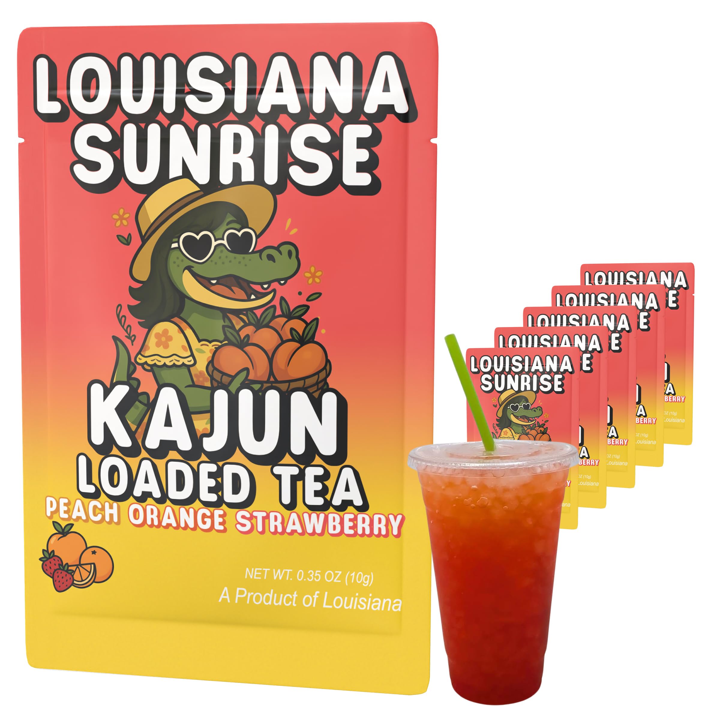 KaJun LOADED TEA front pouch showing Louisiana Sunrise flavor and benefits