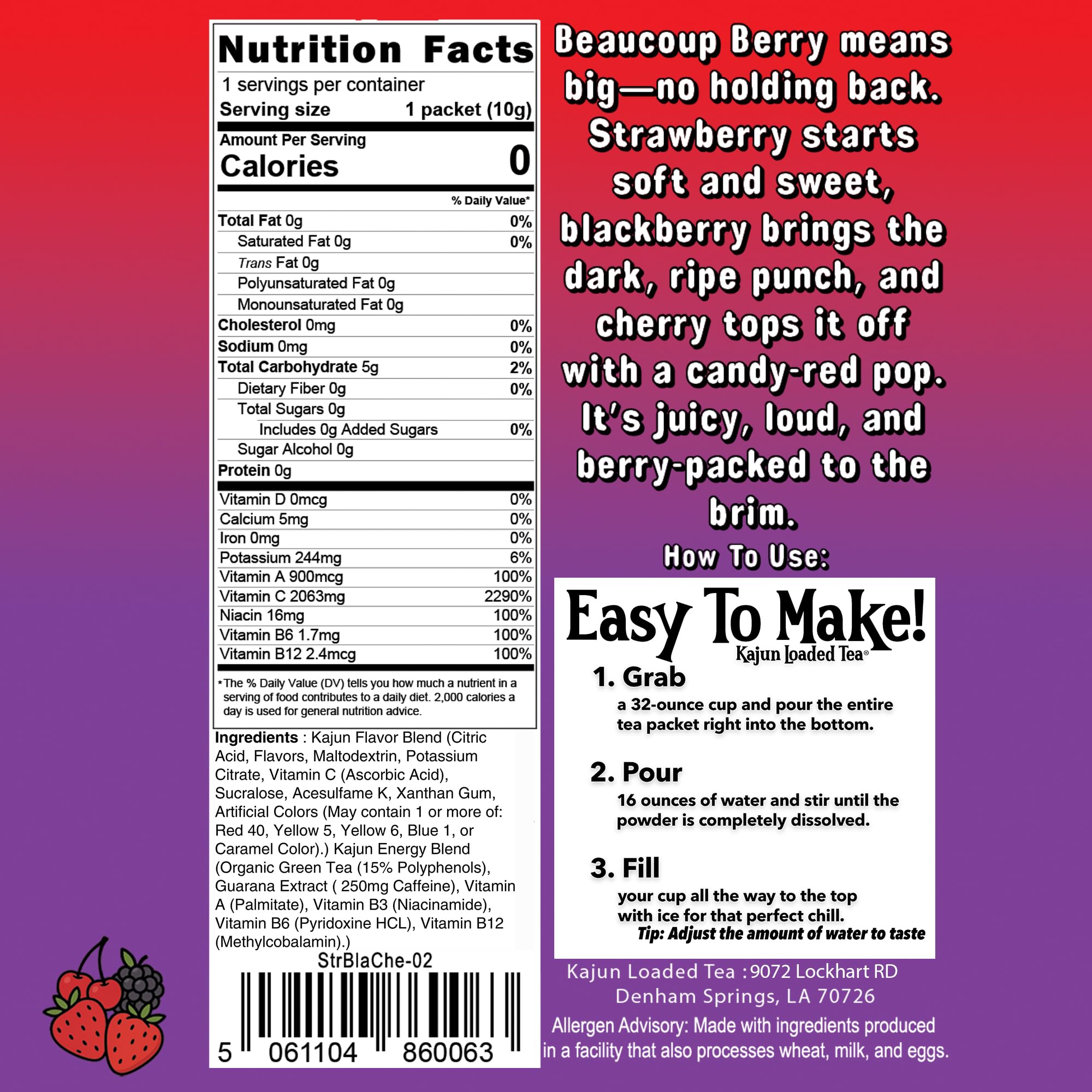 KaJun LOADED TEA label close-up showing vitamin listing and functional hydration benefit