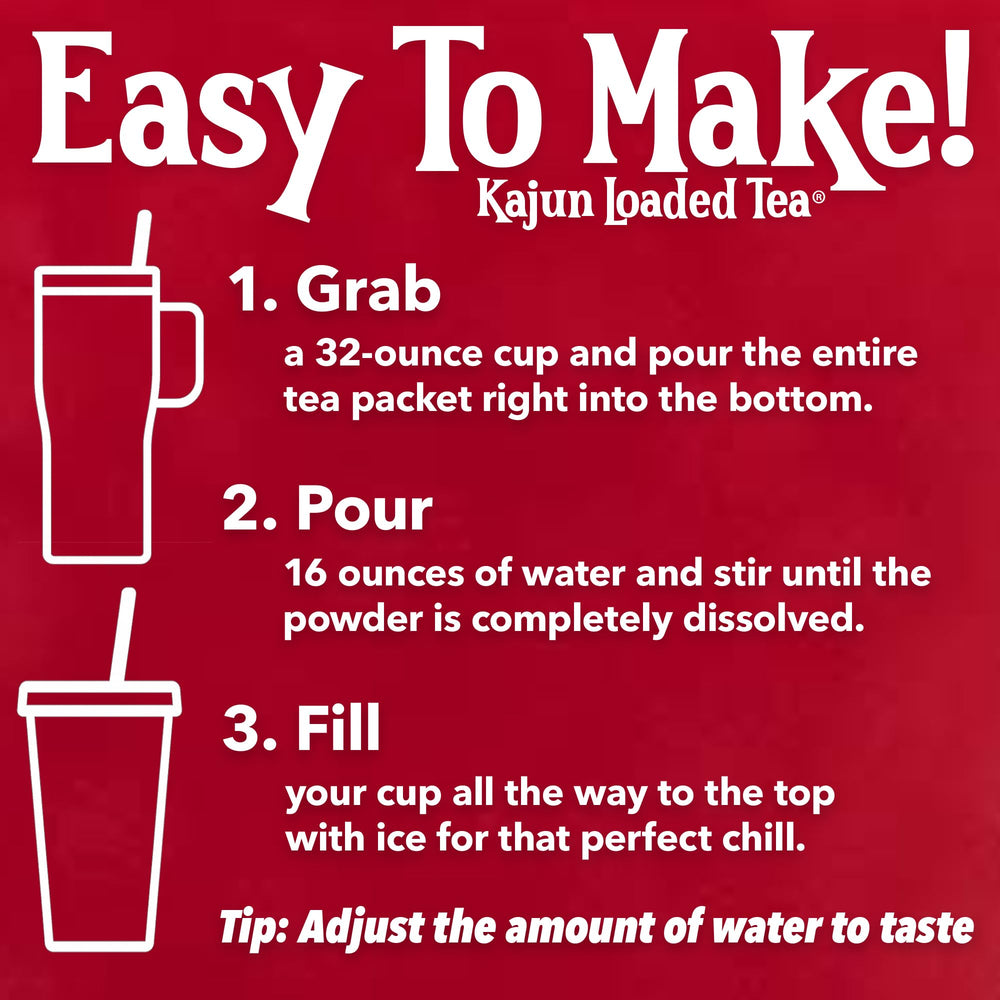 KaJun LOADED TEA packet next to measuring cup showing serving size and portion control benefit