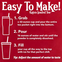KaJun LOADED TEA packet next to measuring cup showing serving size and portion control benefit