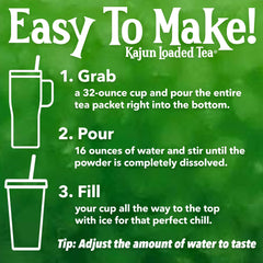KaJun LOADED TEA packet next to a water bottle for clear serving size comparison