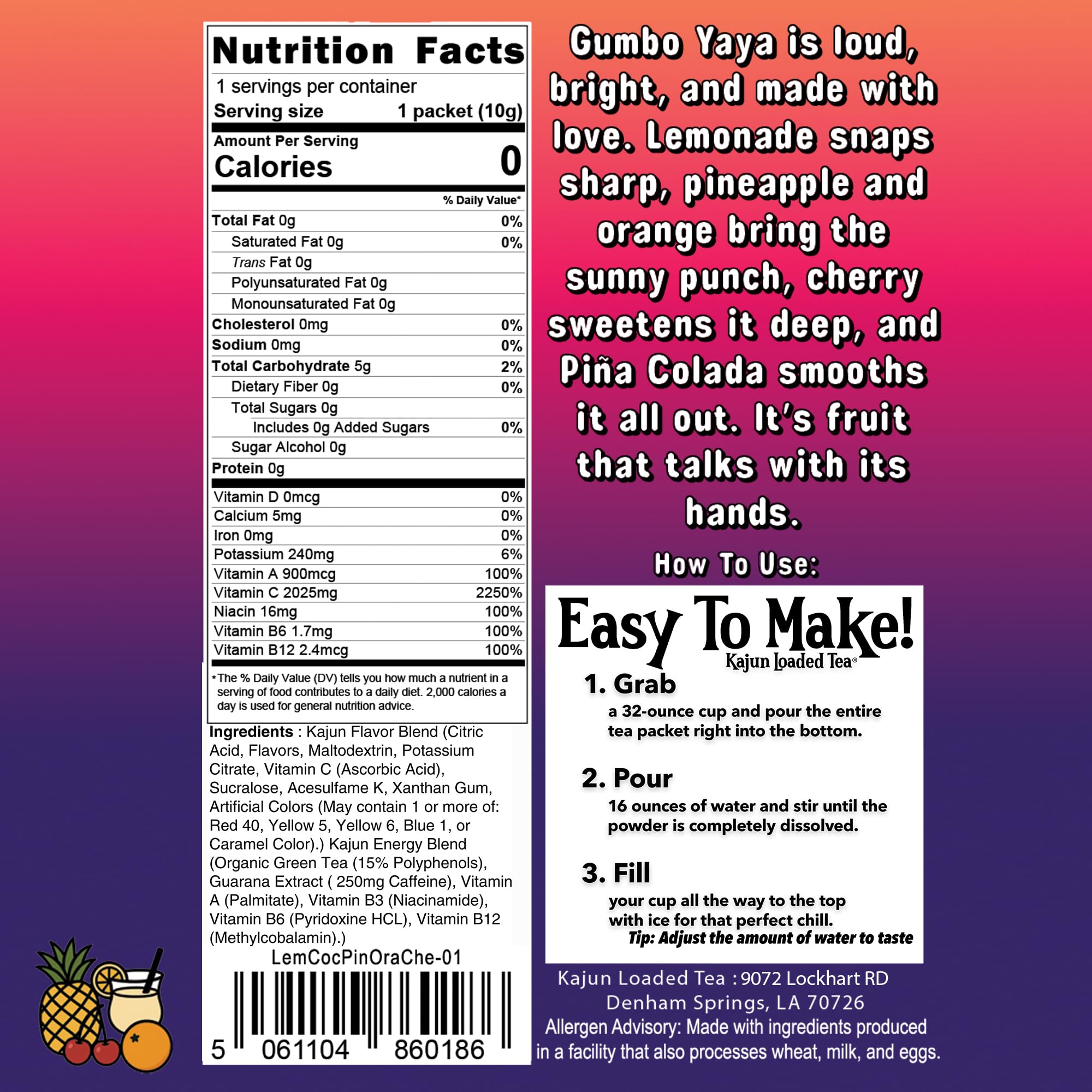 KaJun LOADED TEA nutritional label detail showing caffeine amount and vitamin content